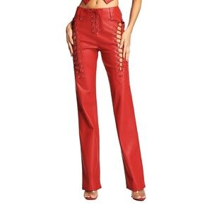 Red Lace-Up Leather Pants